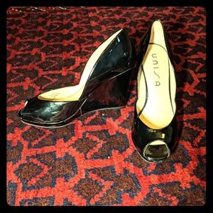 Unisa Black Patent Platform Peep Toe Wedges